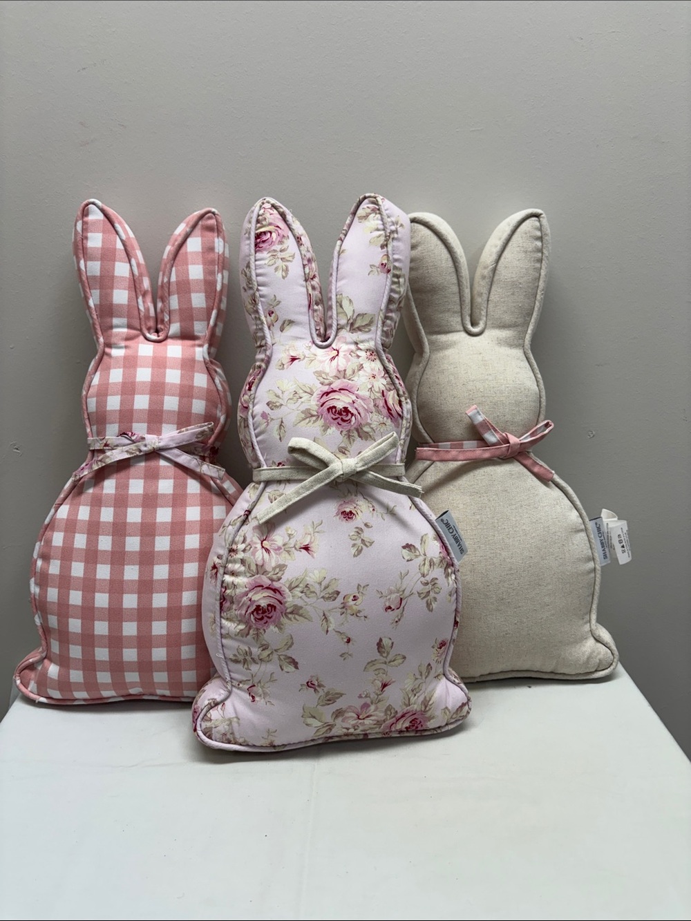 Set of 3 SHABBY CHIC Bunny Rabbit Pillows Cottage Pink Floral Ivory Plaid 18"x9"